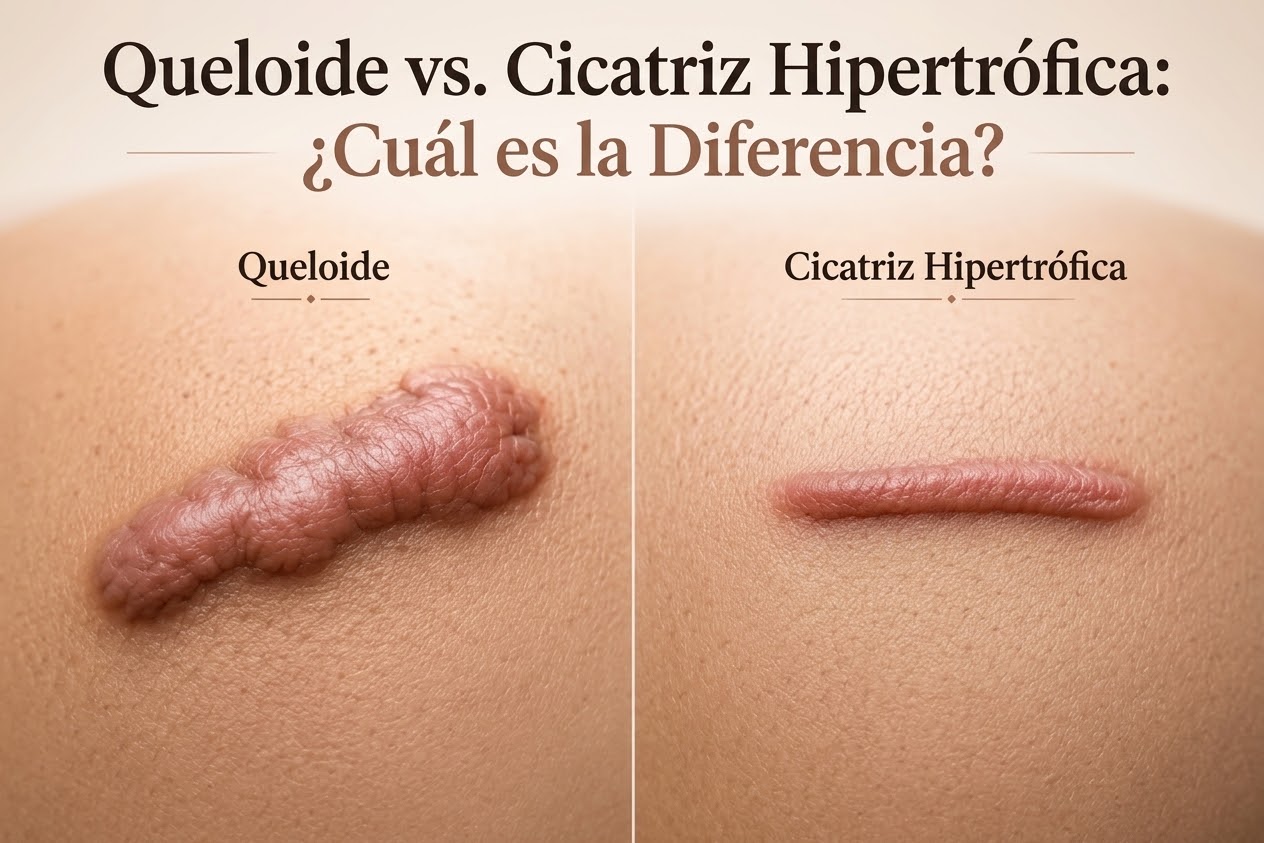 Ilustración comparativa de un queloide y una cicatriz hipertrófica.